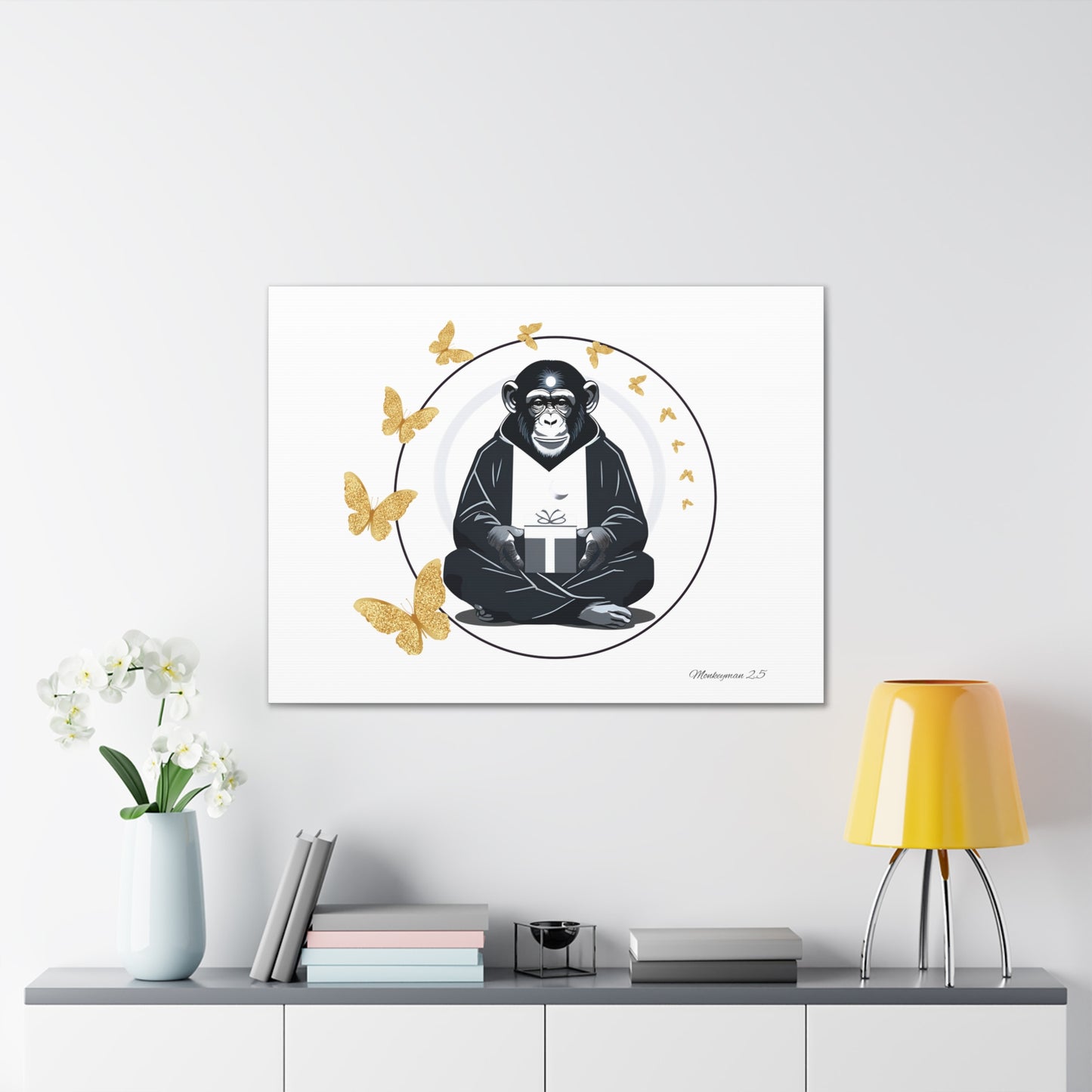 Zen Monkey Canvas Art - Tranquil Wall Decor with Golden Butterflies