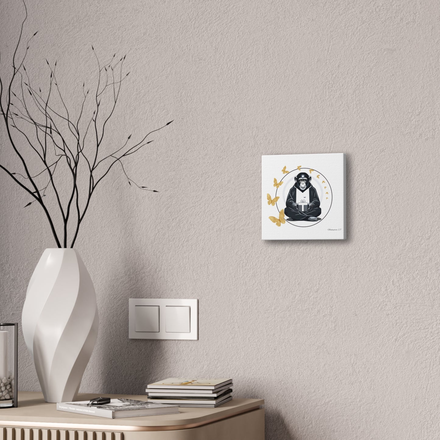 Zen Monkey Canvas Art - Tranquil Wall Decor with Golden Butterflies