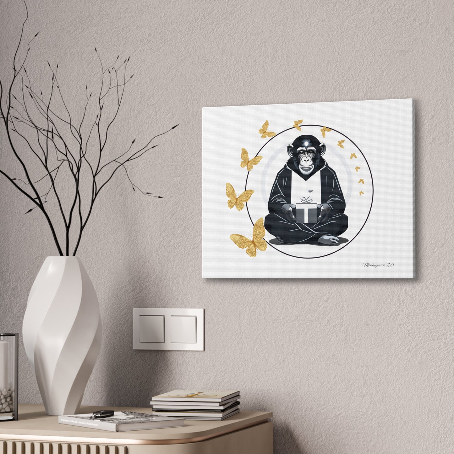 Zen Monkey Canvas Art - Tranquil Wall Decor with Golden Butterflies
