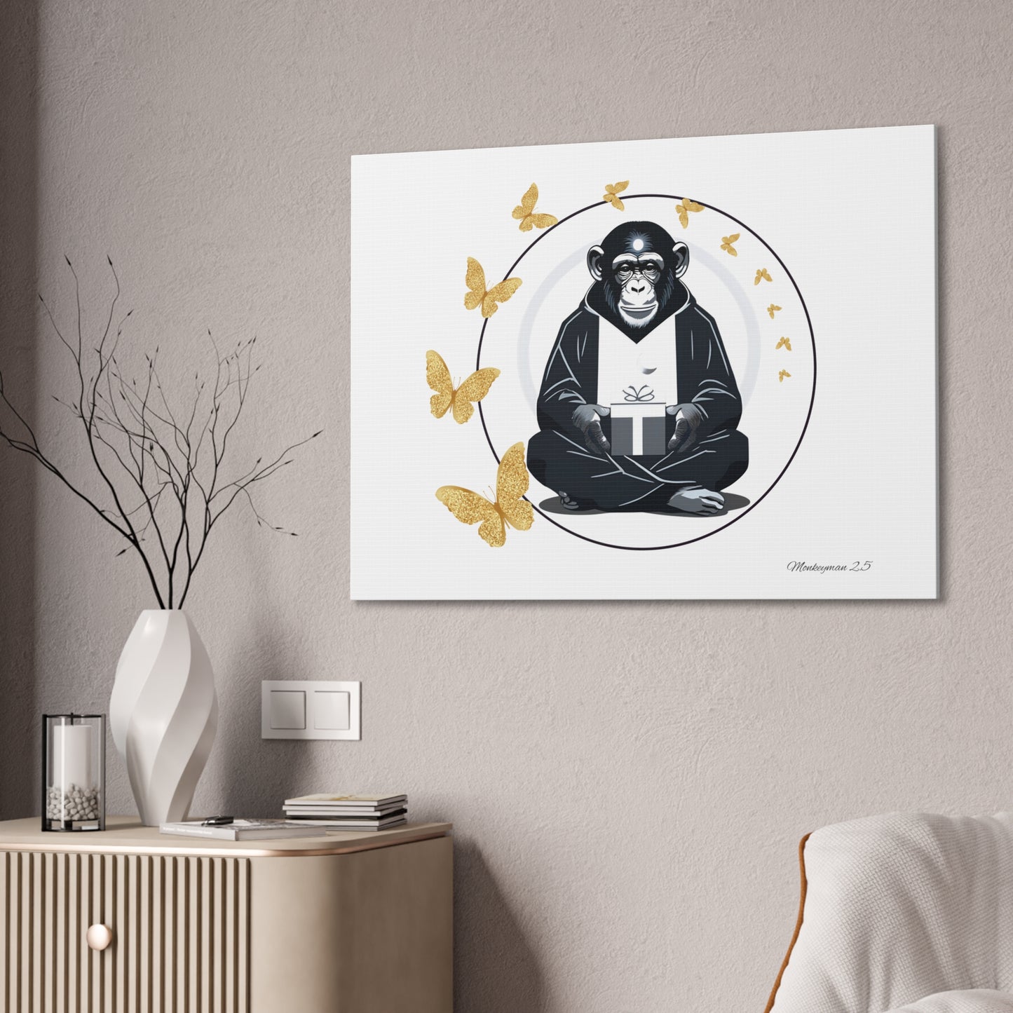 Zen Monkey Canvas Art - Tranquil Wall Decor with Golden Butterflies