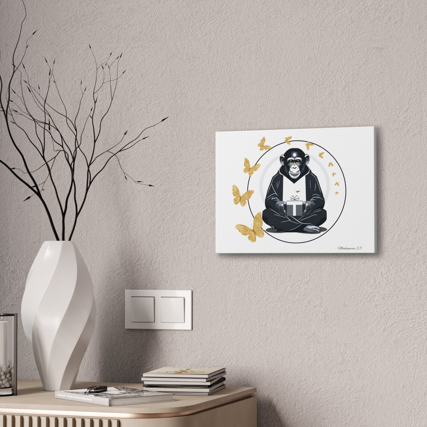 Zen Monkey Canvas Art - Tranquil Wall Decor with Golden Butterflies