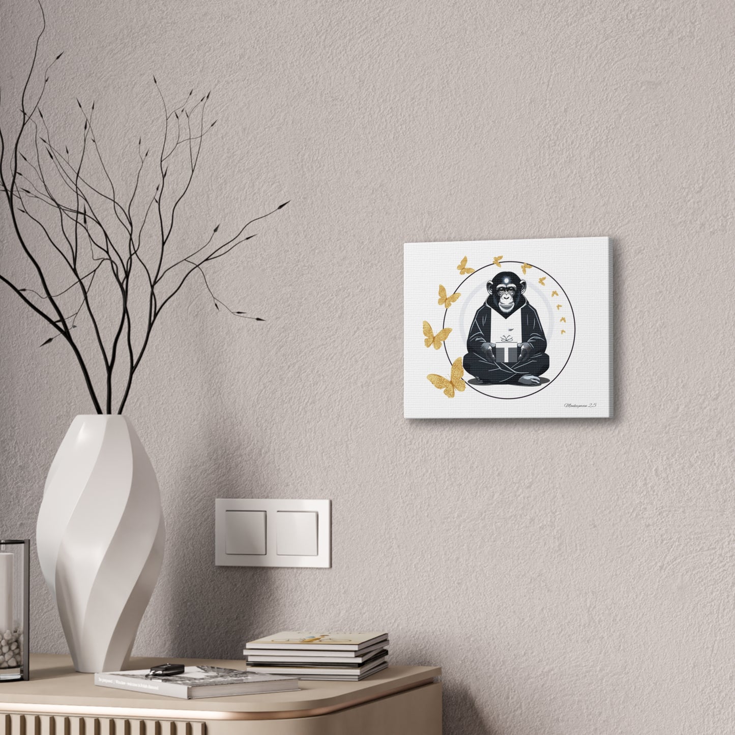 Zen Monkey Canvas Art - Tranquil Wall Decor with Golden Butterflies
