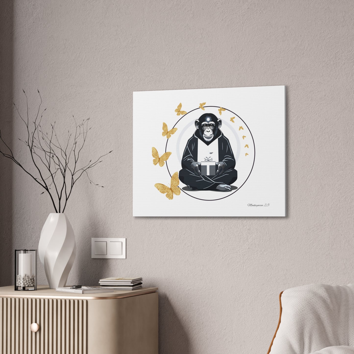 Zen Monkey Canvas Art - Tranquil Wall Decor with Golden Butterflies