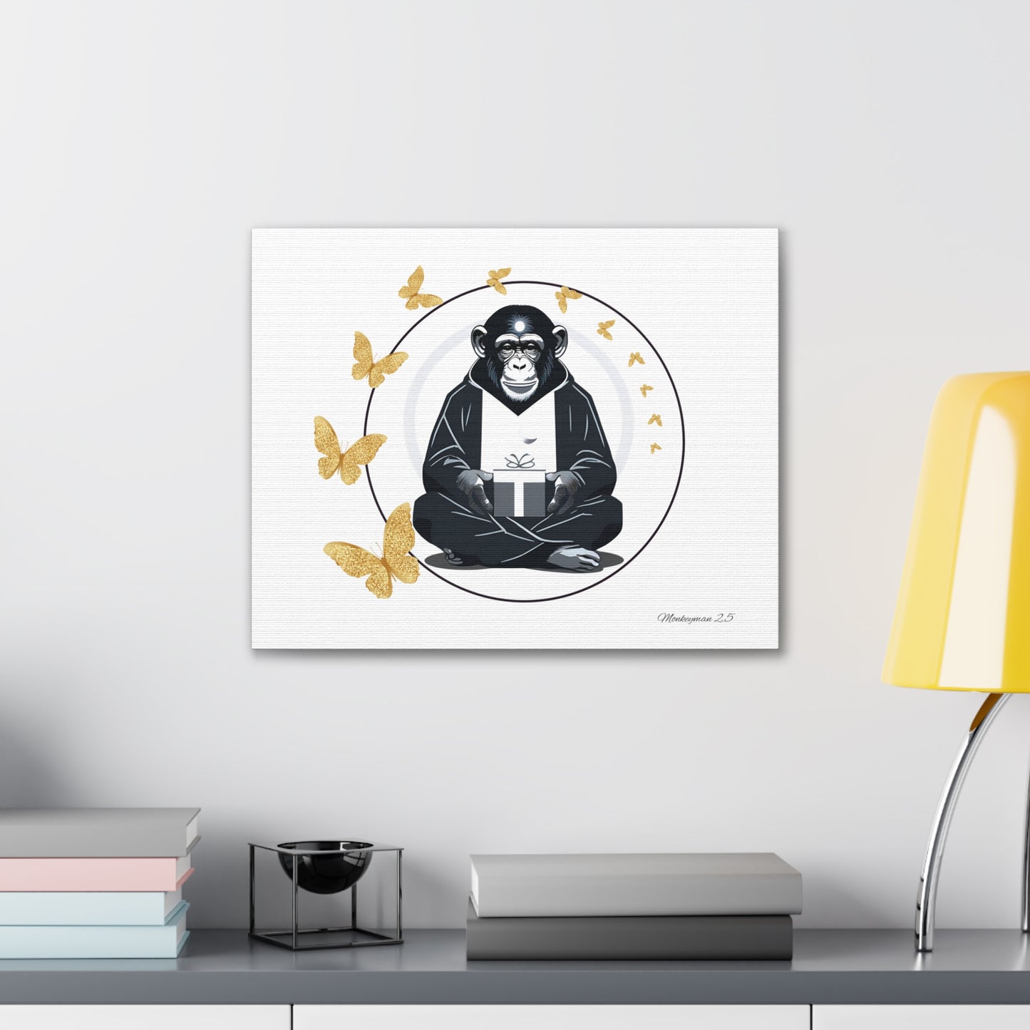 Zen Monkey Canvas Art - Tranquil Wall Decor with Golden Butterflies
