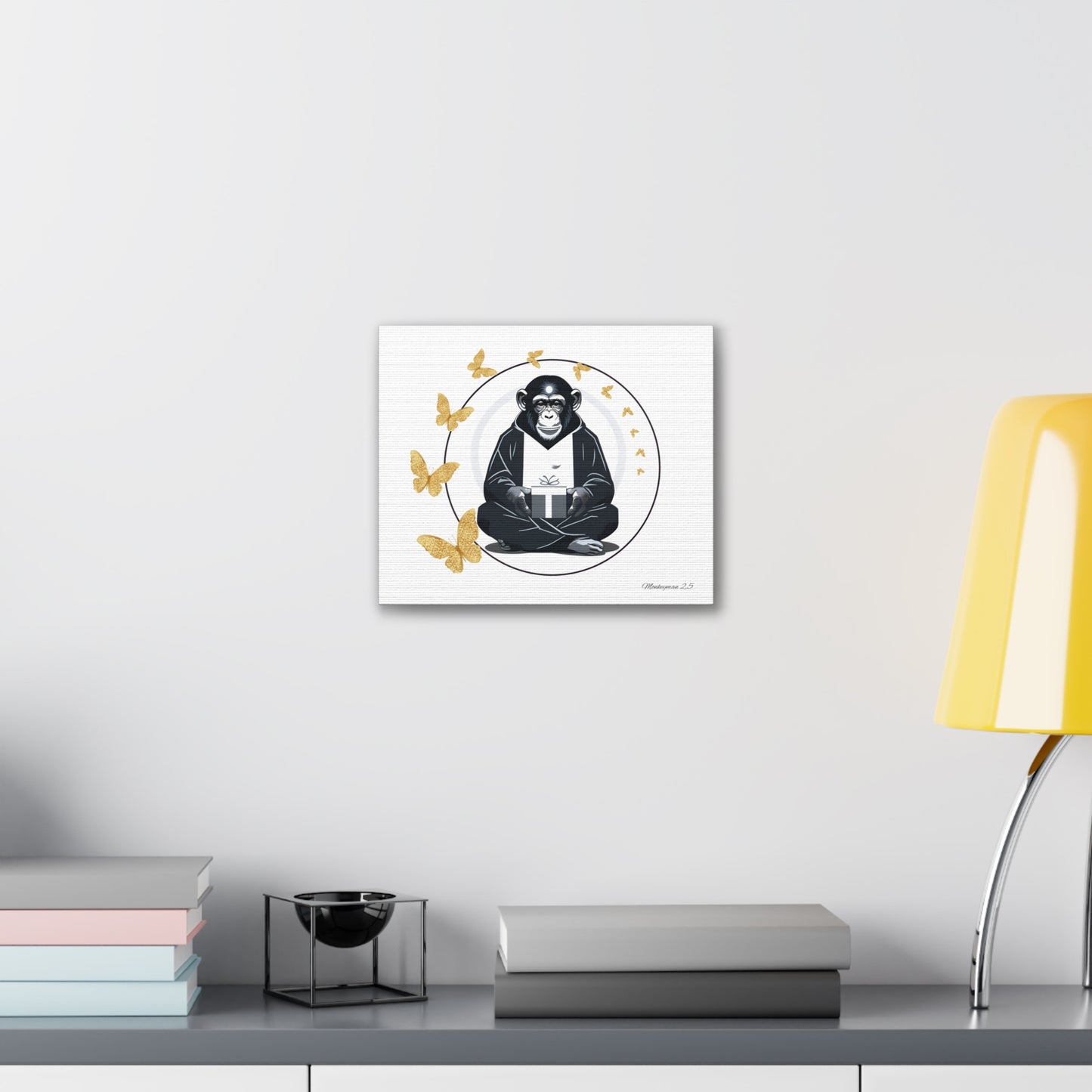 Zen Monkey Canvas Art - Tranquil Wall Decor with Golden Butterflies