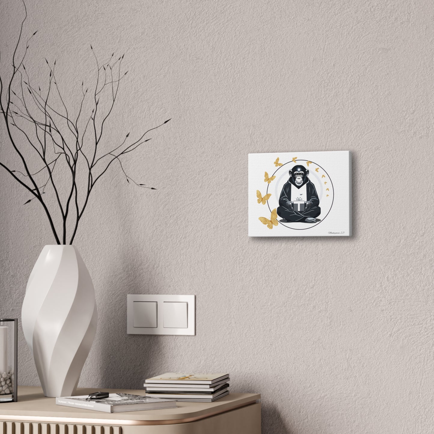 Zen Monkey Canvas Art - Tranquil Wall Decor with Golden Butterflies
