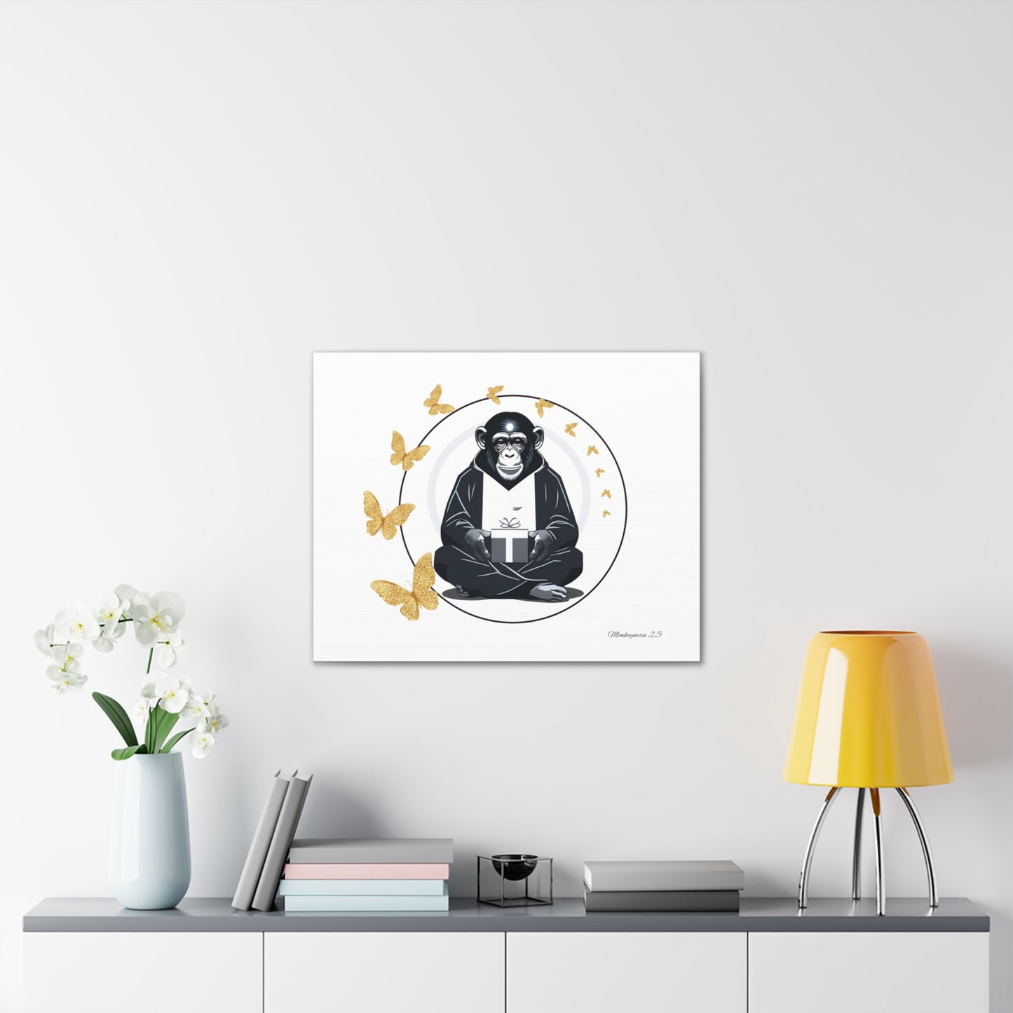 Zen Monkey Canvas Art - Tranquil Wall Decor with Golden Butterflies