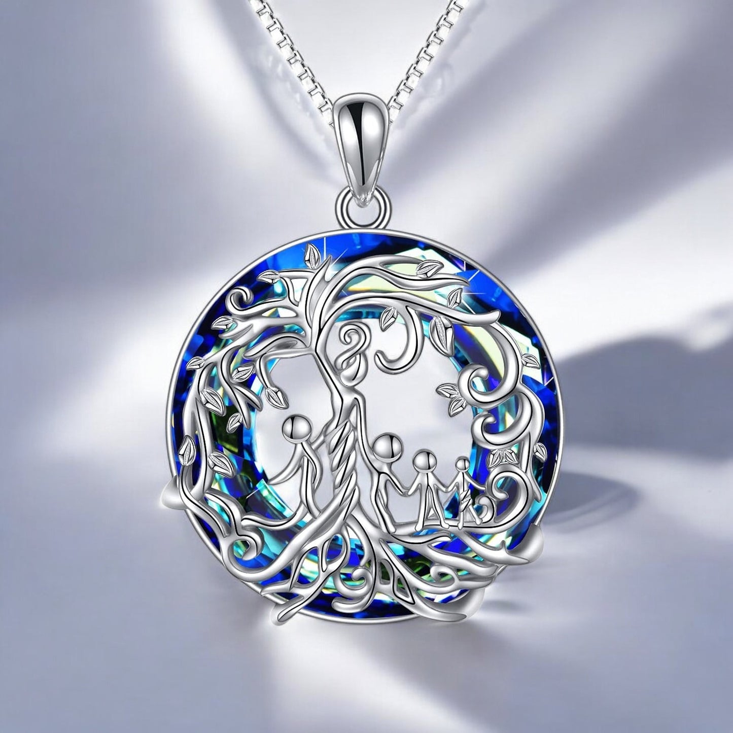 Blue crystal family tree necklace, a special gift for mom