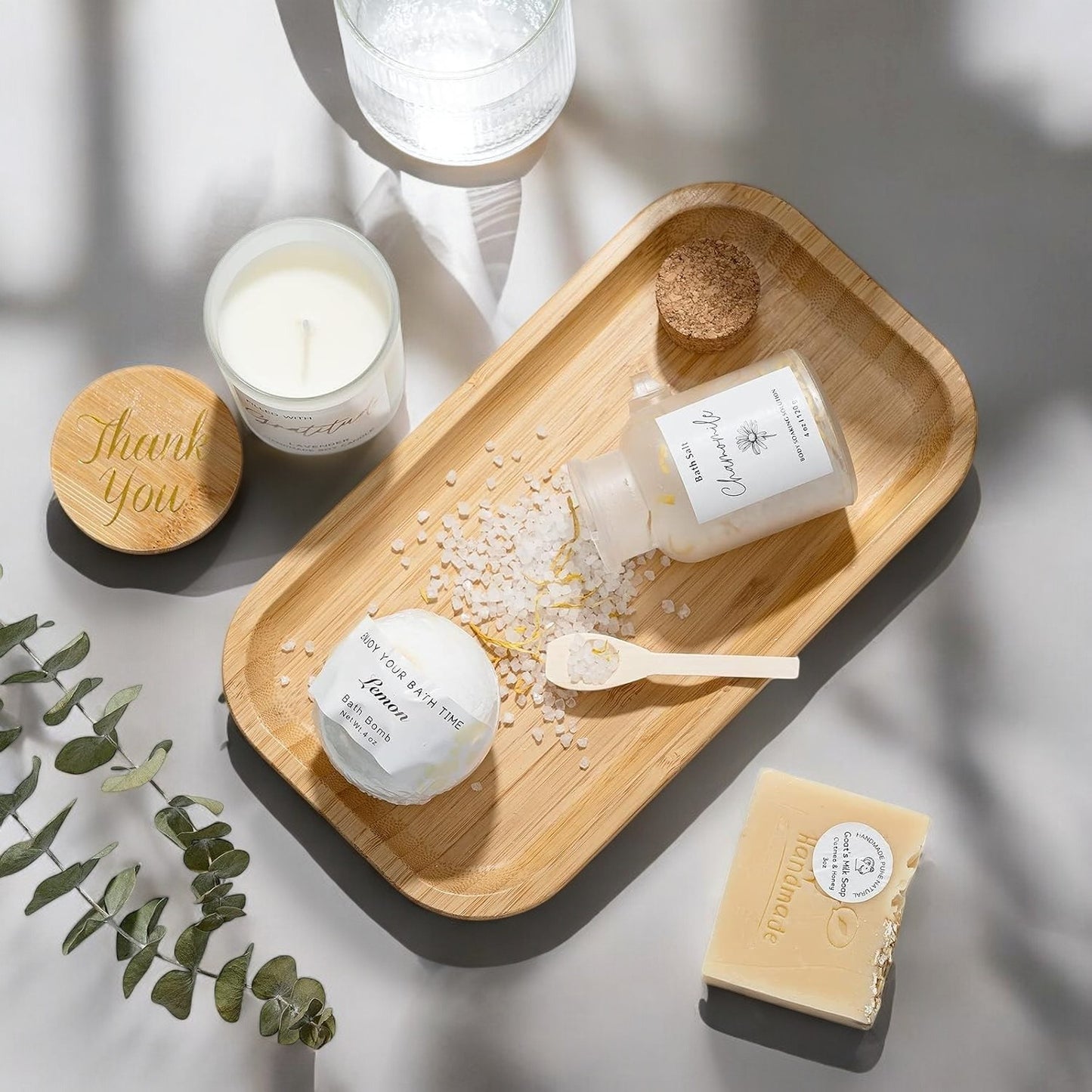 Wooden tray holding spa gift items – easy and elegant present for mom
