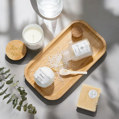 Wooden tray holding spa gift items – easy and elegant present for mom