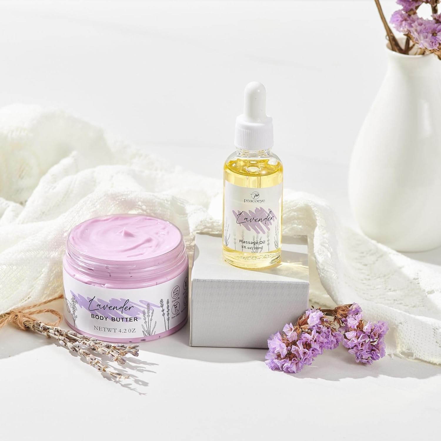 Body oil and lavender bath salt self-care combo with elegant packaging