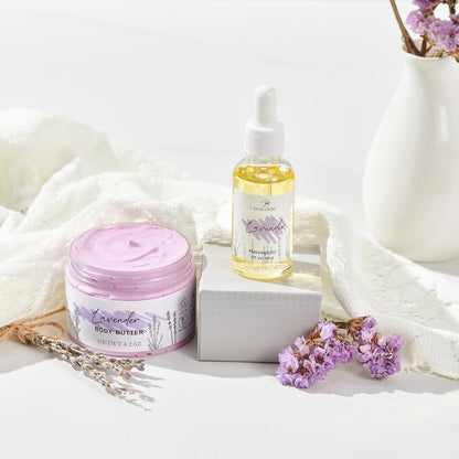 Body oil and lavender bath salt self-care combo with elegant packaging