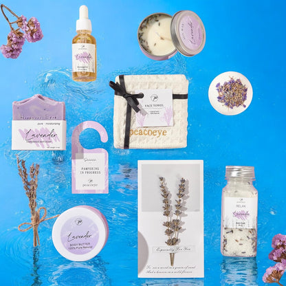 Full gift bundle with scented candle, lavender spray, and personal care products