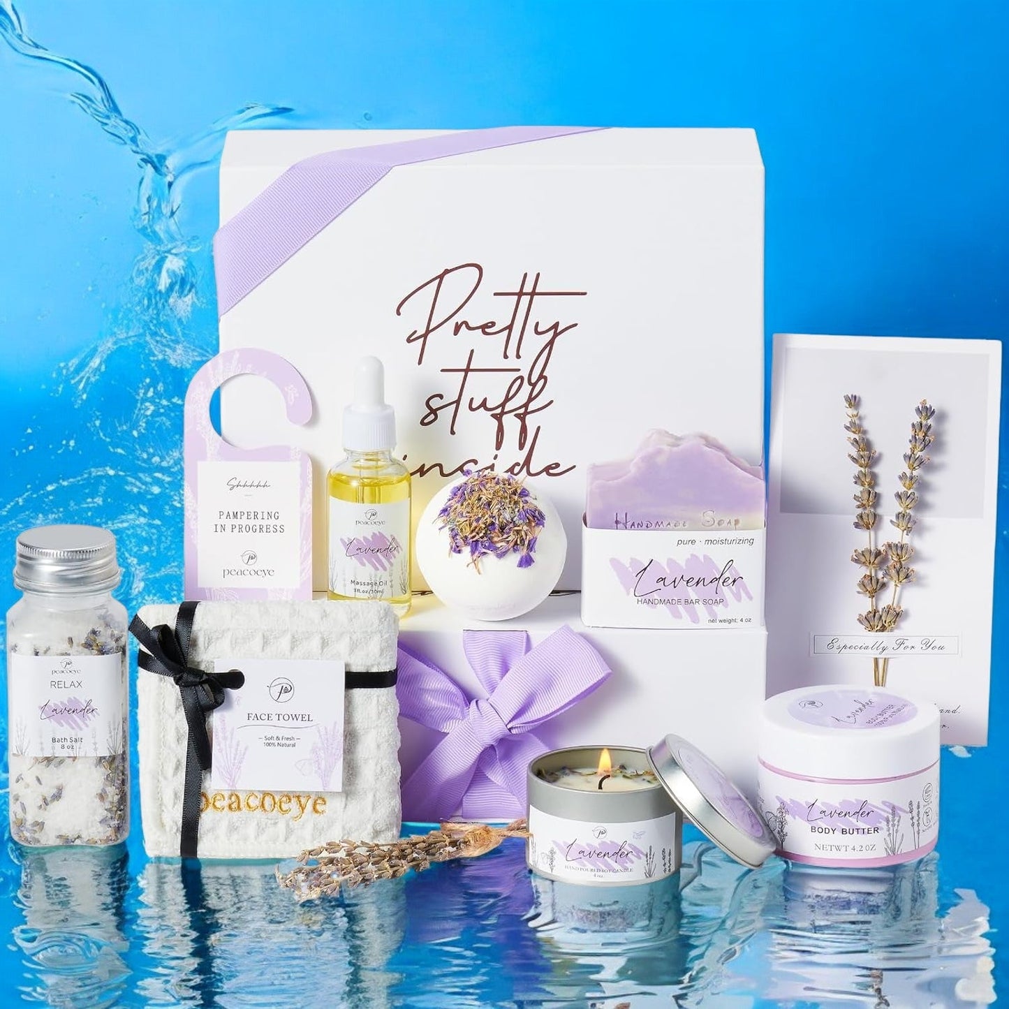 Lavender-themed gift box with bath products and candle – perfect for Mother’s Day relaxation
