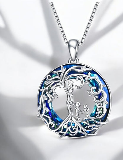 Model wearing Mother’s Day family tree necklace with subtle sparkle