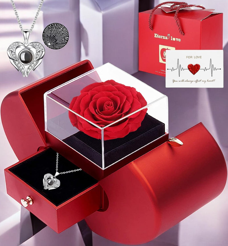 Elegant preserved red rose in drawer box with necklace – romantic gift for her